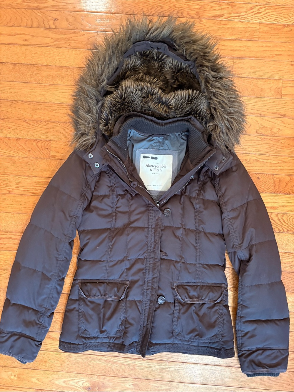 Abercrombie & Fitch Women's Dark Brown Down Puffer Jacket removableFaux Fur Hood